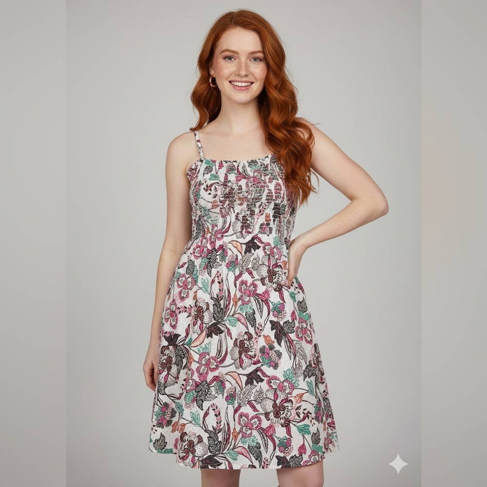 Old Navy Floral Dress, Pink and Green, Stretchy Bodice,Adjustable Straps, Pocket